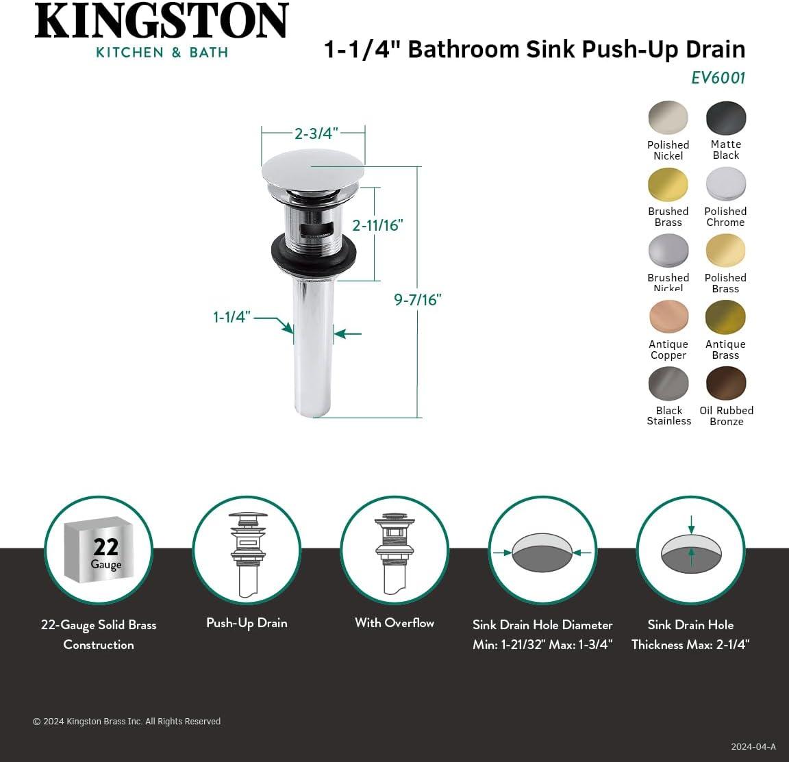 Kingston Brass Push Pop-Up Bathroom Sink Drain with Overflow, 22 Gauge