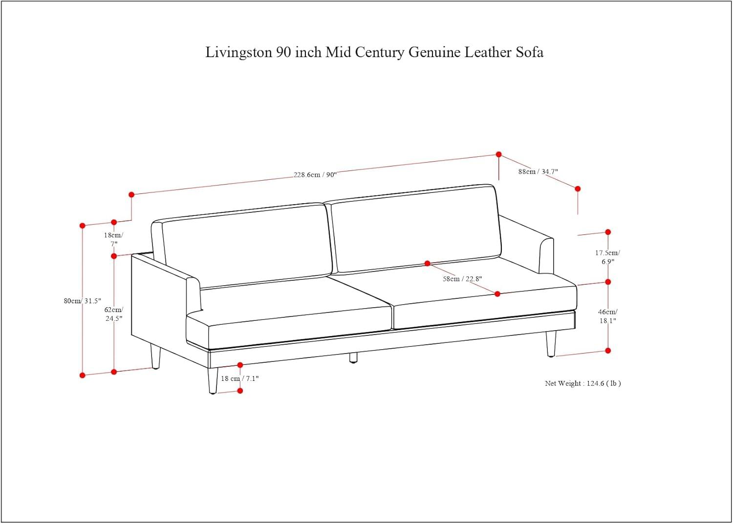 Simpli Home Livingston Mid-Century Modern 90 inch Wide Sofa in Sienna Genuine Leather