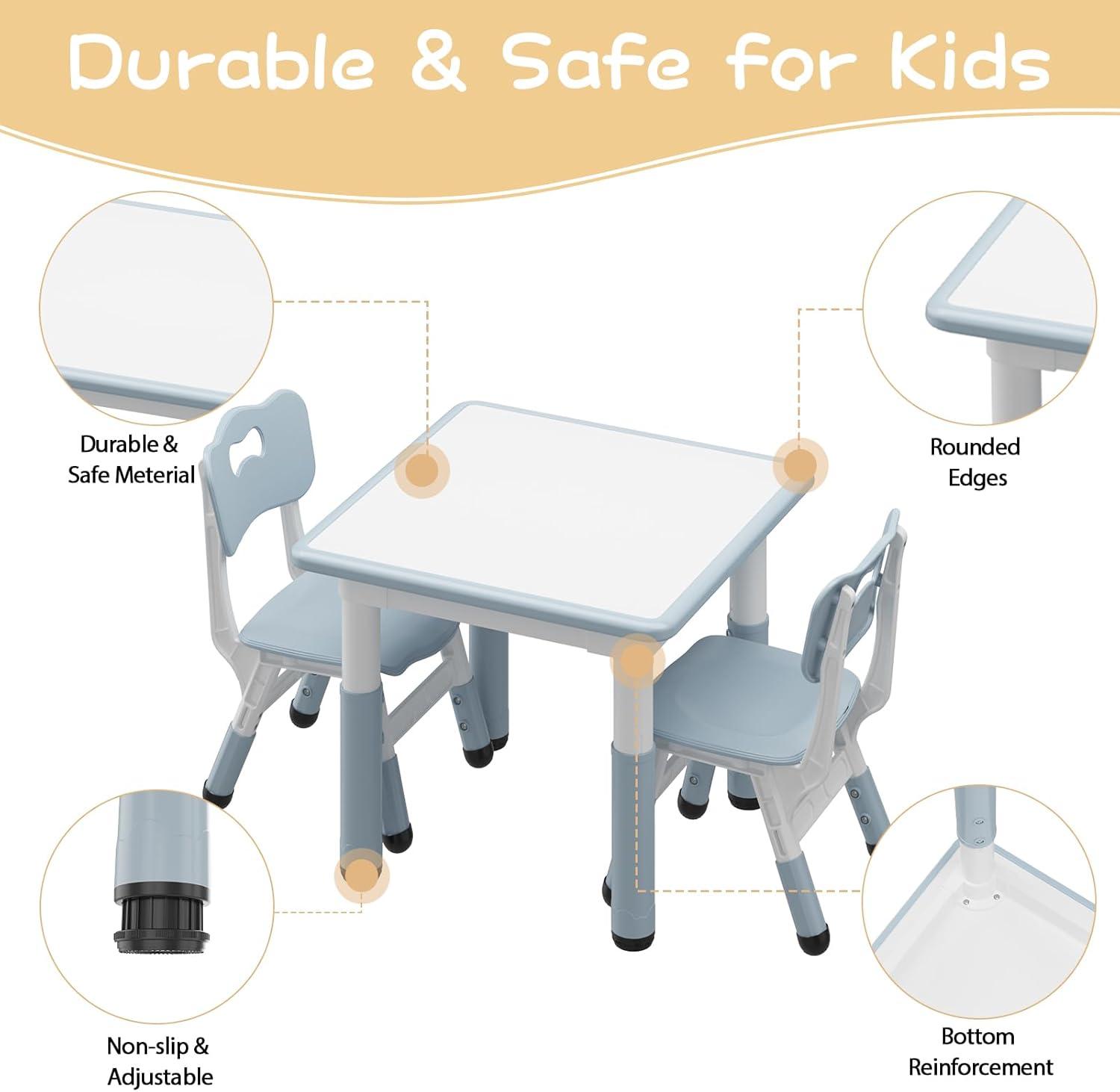 RONIPIC Height Adjustable Toddler Table and 2 Chairs Set with Graffiti Desktop, Kids Table and Chairs Set, Non-Slip Legs, Kids Activity Table for Home, Nursery, Blue