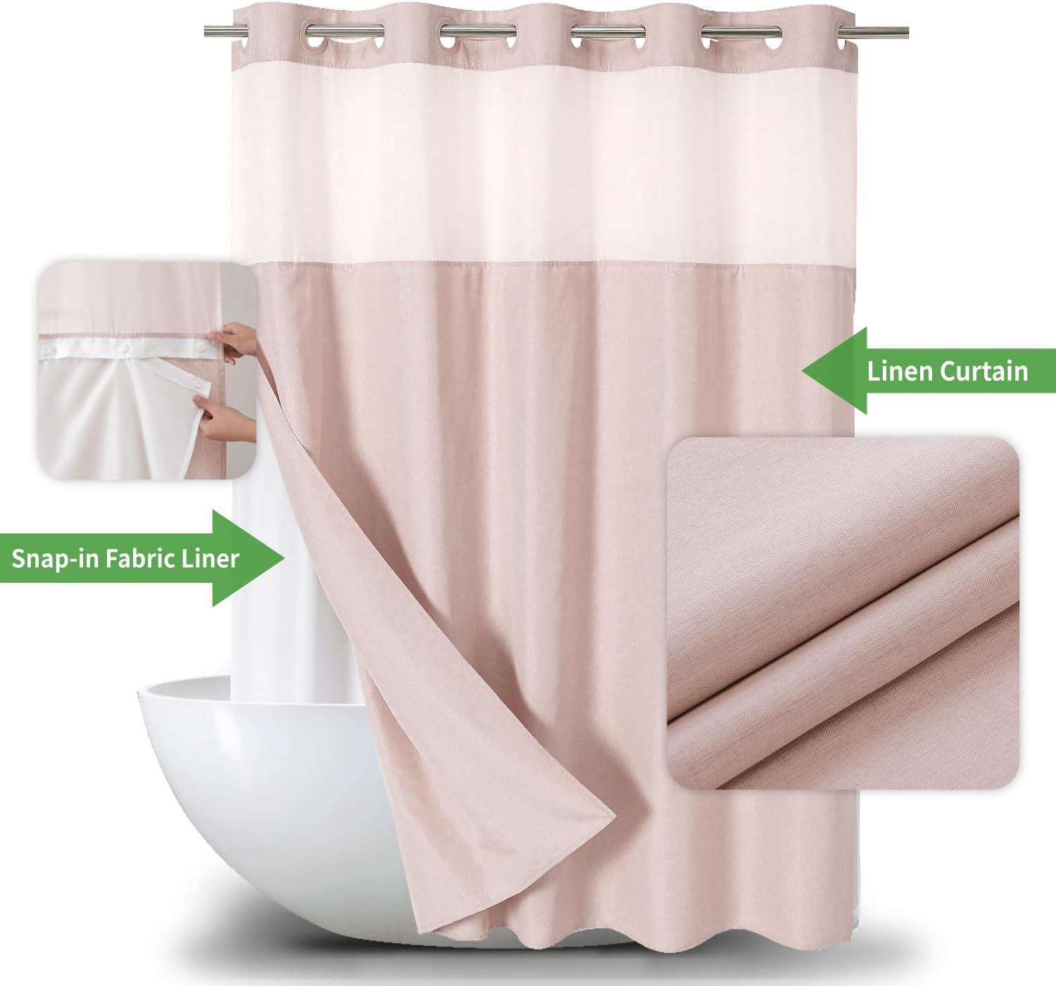 No Hooks Needed Linen Textured Shower Curtain with Snap-in Fabric Liner Set,with Mesh Top Window