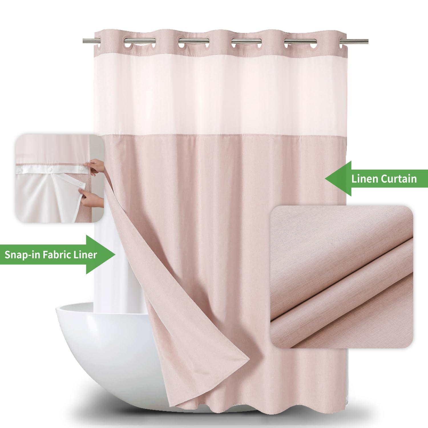 Latitude Run® No Hooks Needed Linen Textured Shower Curtain with Snap-in Fabric Liner Set,with Mesh Top Window