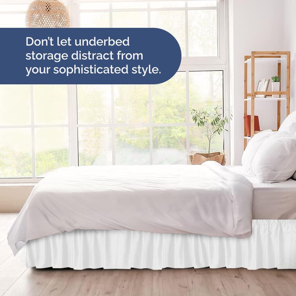 CGK Linens Elastic Wrap-Around Dust Ruffled Bed Skirt - Easy Fit with Pleated 12" Drop in White, Size Queen