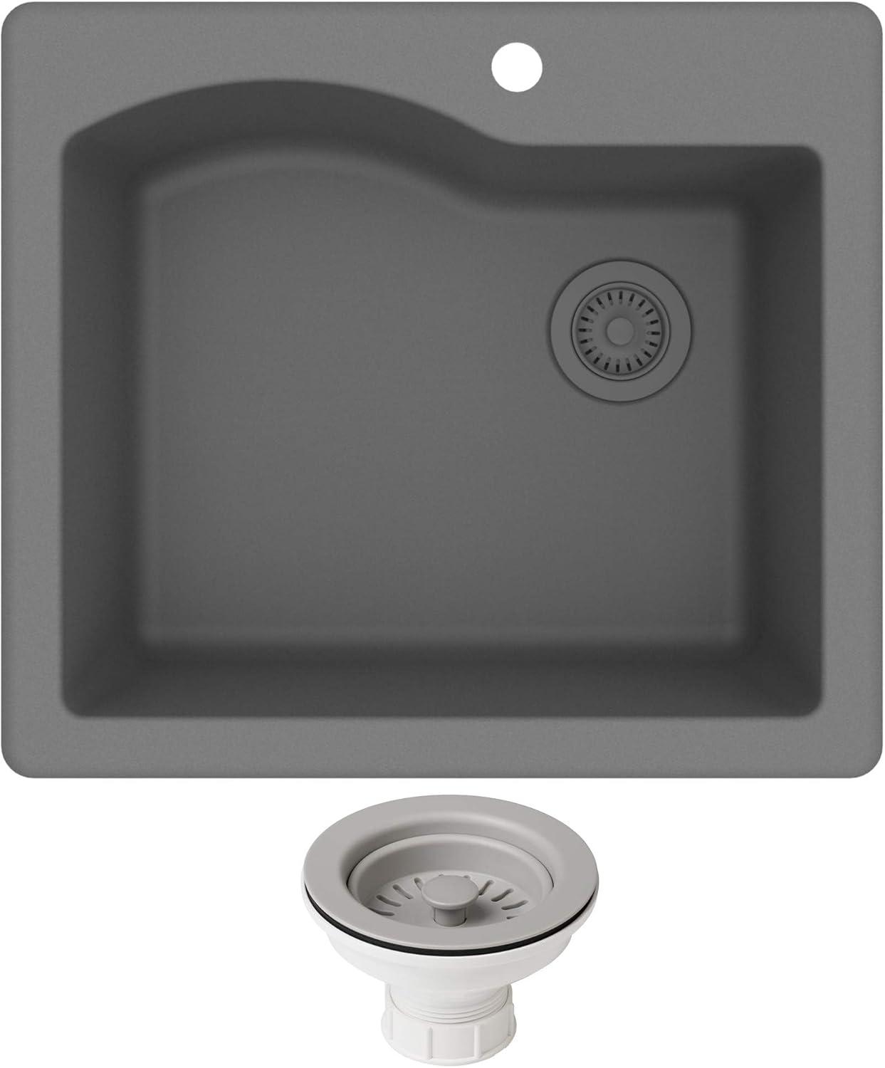 Kraus Quarza 25 Dual Mount Single Bowl Granite Kitchen Sink and Strainer in Grey
