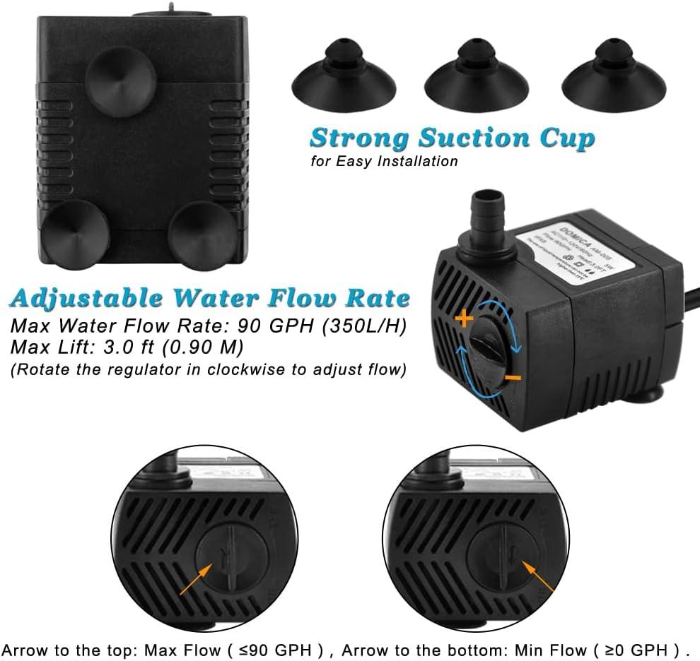 90 GPH Mini Submersible Pump, Small Fountain Pump (5W 350L/H) for water feature, Aquariums, Fish Tank, Tabletop Fountain, Pet Fountain, Indoor or Outdoor Pond Fountain