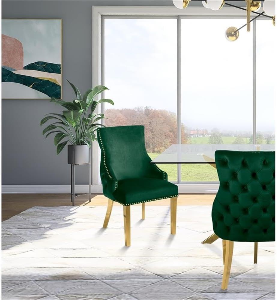 Green Tufted Vegan Leather Side Chair with Gold Legs, Set of 2