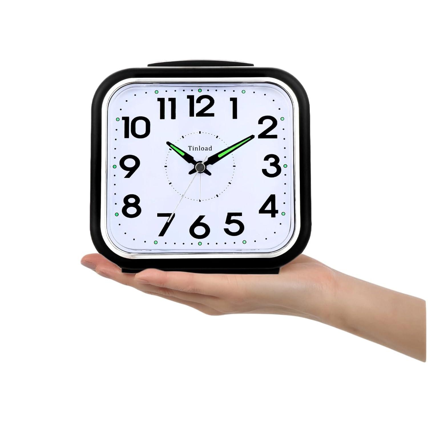 5.5" Silent Analog Alarm Clock Non Ticking, Gentle Wake, Beep Sounds, Increasing Volume, Battery Operated Snooze and Light Functions, Easy Set, Black (Best for Elder)