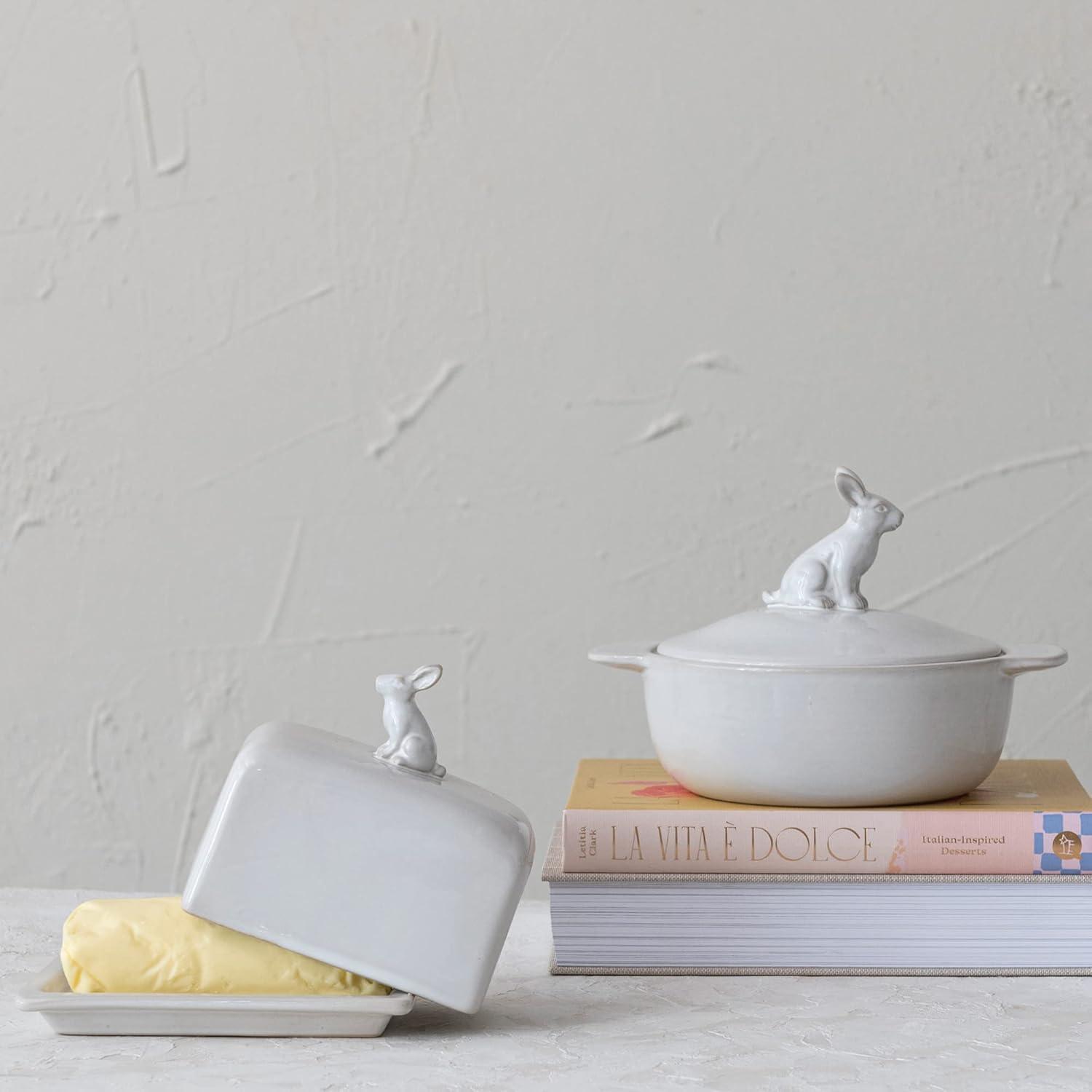 White Stoneware Bake Pan with Rabbit Lid