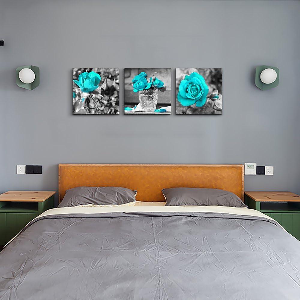 Canvas Wall Art For Bedroom Wall Decor For Living Room Black And White Wall Paintings Blue Rose Flowers Pictures Watercolor Giclee Canvas Prints Ready To Hang Room For Girls Home Decoration 3 Piece