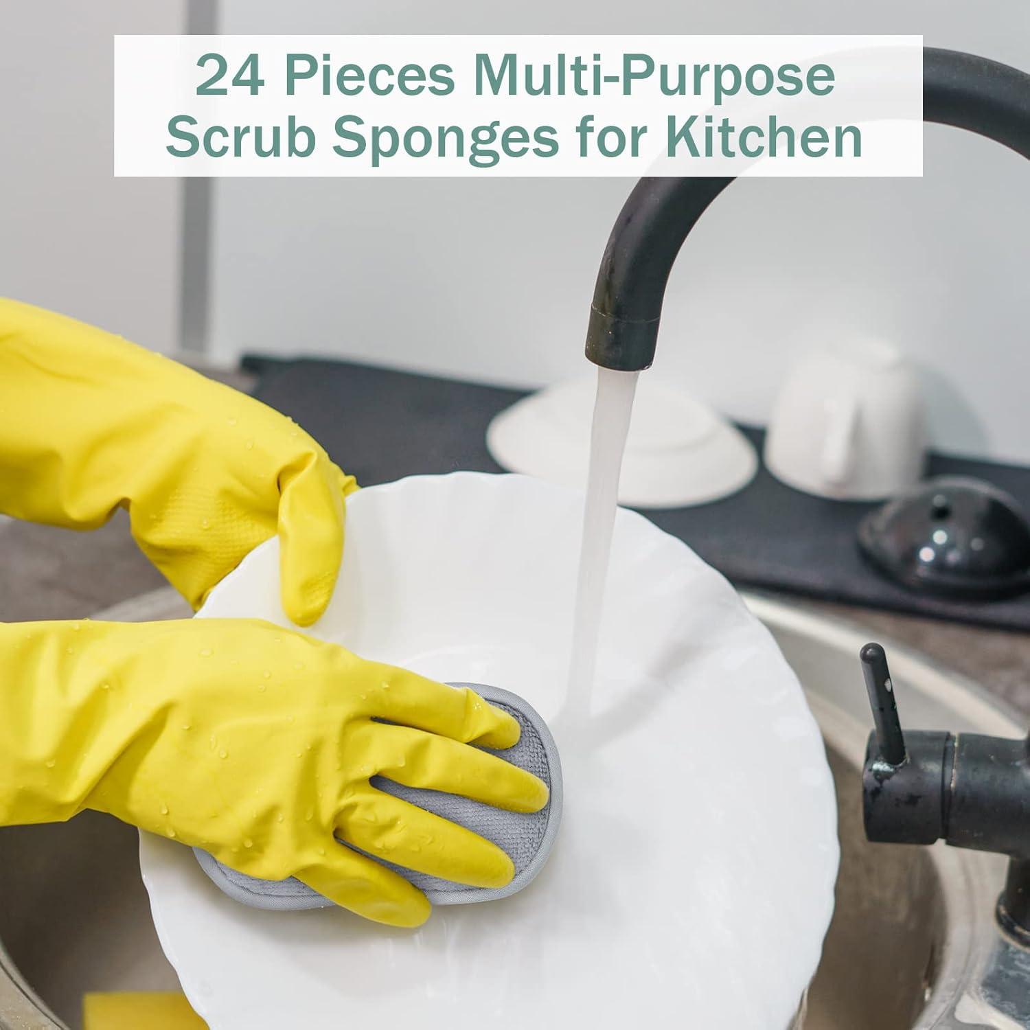 24 Pack Multi Purpose Scrub Sponges Non Scratch Microfiber Sponge Cleaning Dish Scrubber Reusable Dish Sponges for Washing Dishes Along with Heavy Duty Scouring Power (Blue)