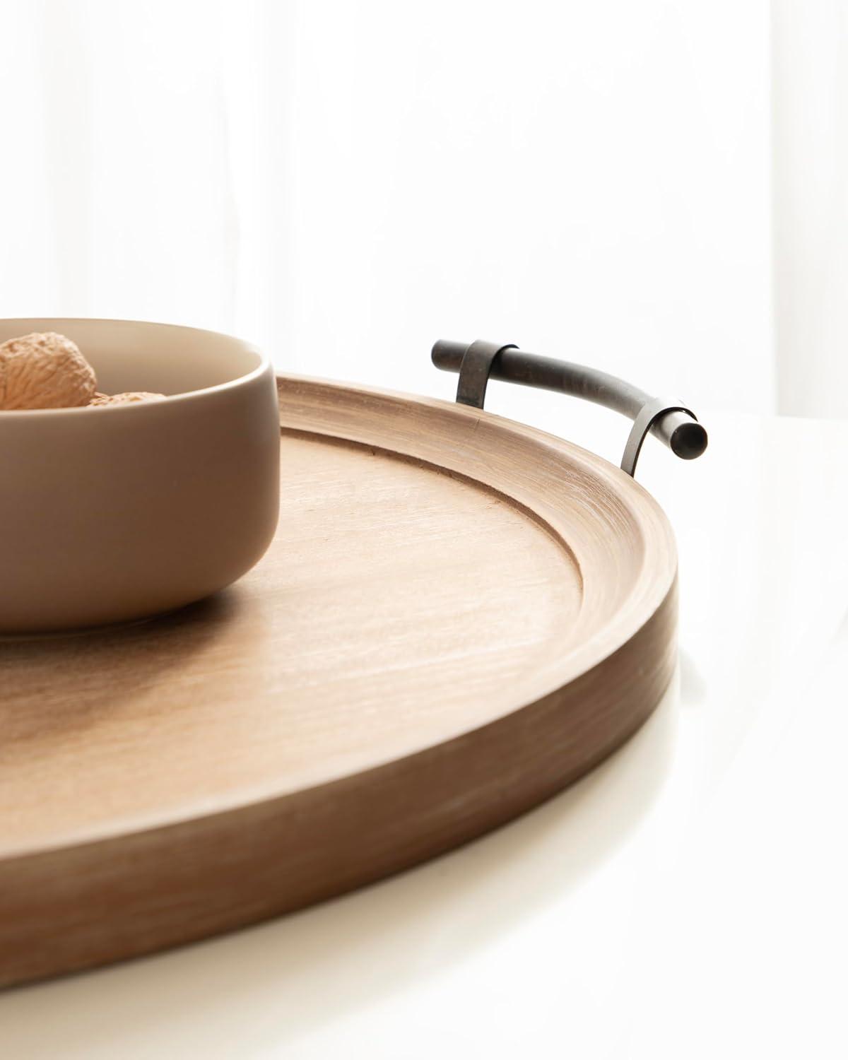 Kate and Laurel Bruillet Farmhouse Wood Round Ottoman Tray, 24 x 22, Rustic Brown, Circle Coffee Table Tray for Living Room Decor or Large Serving Tray