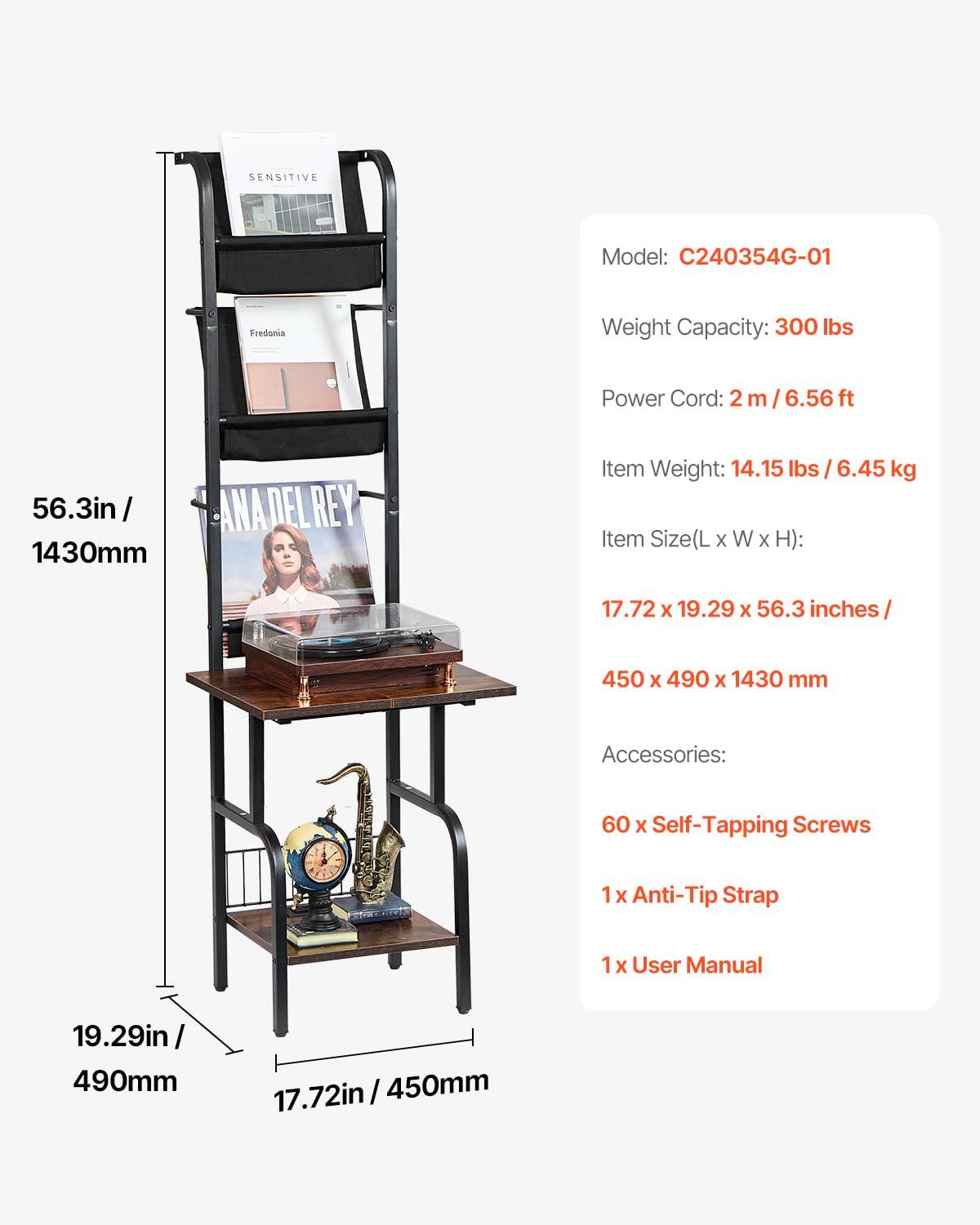 17 Stories 5 Tiers Record Player with LED Light & USB Ports Vinyl Shelf Black