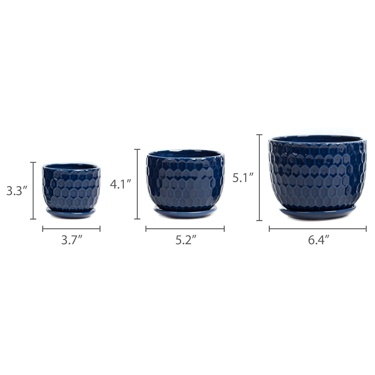 Ceramic Flower Pots with Drainage Hole and Saucer, North European Style Round Indoor Succulent Planters with Honeycomb Inspired Texture Design, Small to Medium-Sized, Set of 3, Navy Blue