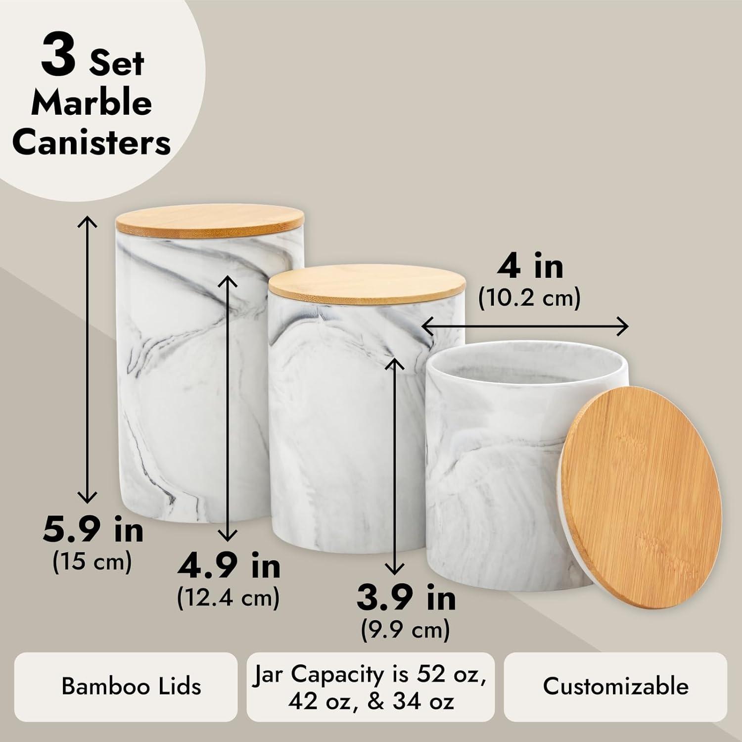Farmlyn Creek Set of 3 Marble Ceramic Canisters with Wooden Bamboo Lids, Kitchen Counter Containers, Food Storage Jars, 3 Sizes