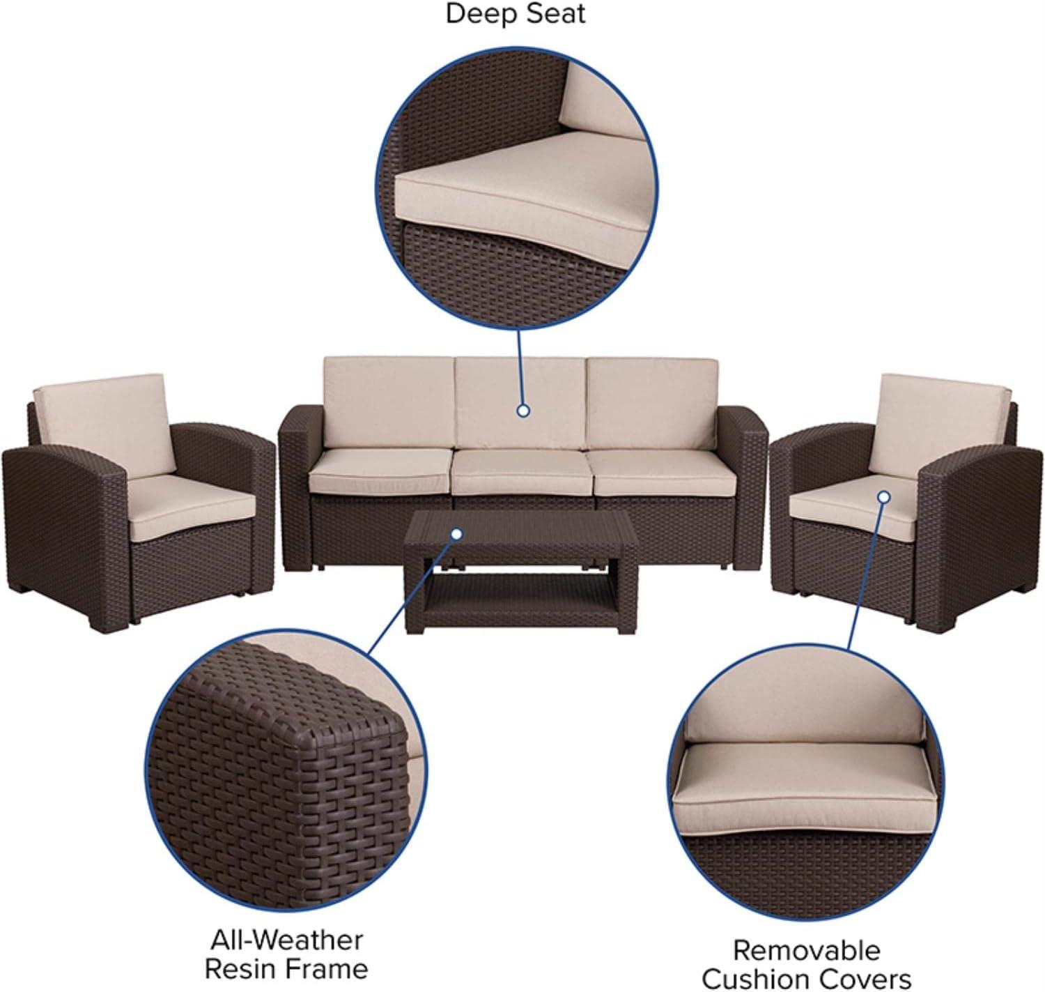 Merrick Lane 4 Piece Dark Gray Faux Rattan Patio Furniture Set with 2 Chairs and Sofa with Removable Light Gray Cushions and Table