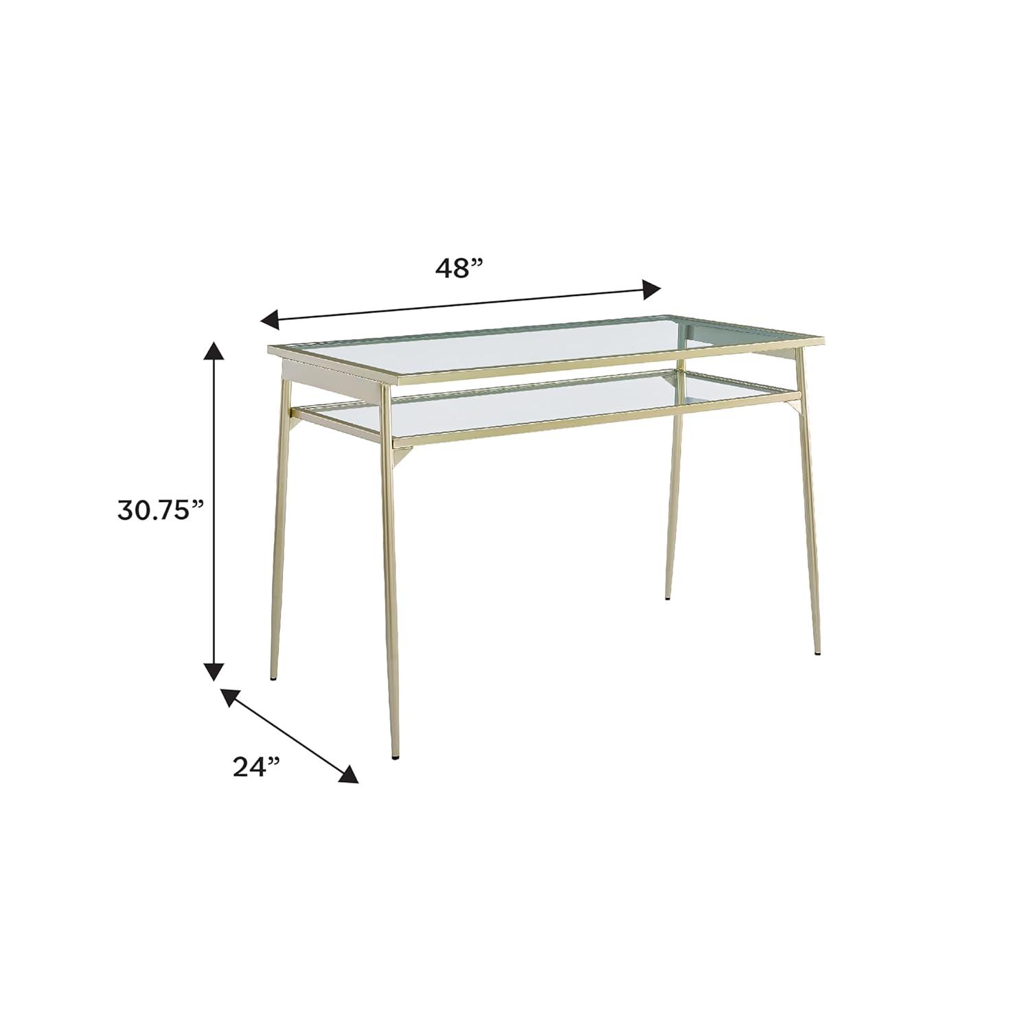 Walker Edison Olivia Contemporary 2 Tier Glass Top Metal Desk, 48 Inch, Gold