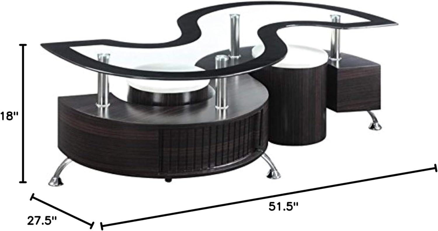 Cappuccino Glass Top S-Shaped Coffee Table with Stools