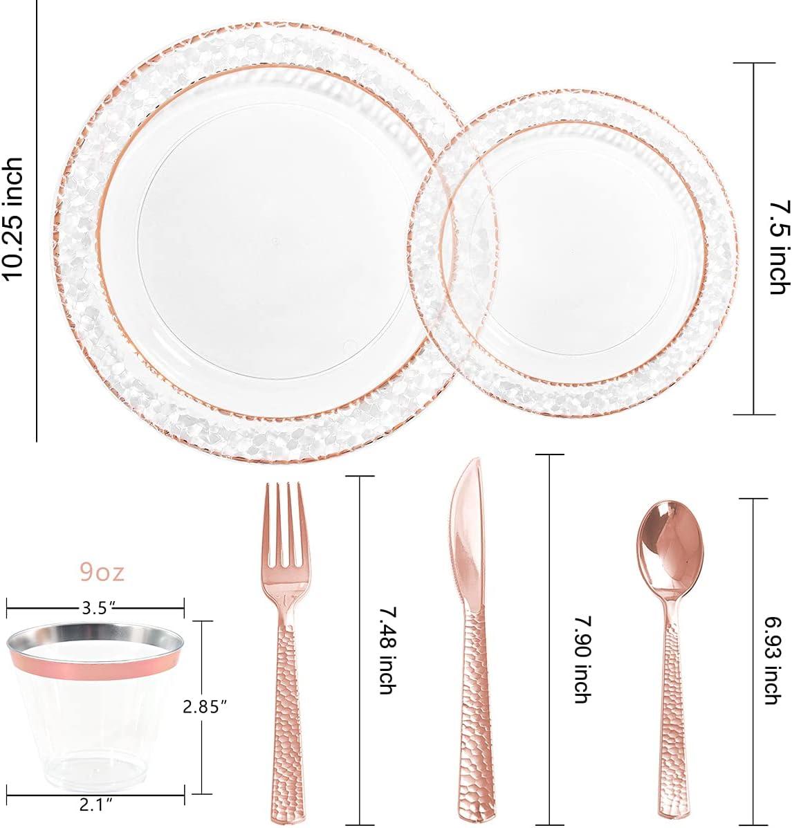 Ciaell 150PCS Rose Gold Plastic Plates – Disposable Plates with Rose Gold Plastic Silverware include 50Plates, 25Forks, 25Knives, 25Spoons, 25Cups for Wedding & Party
