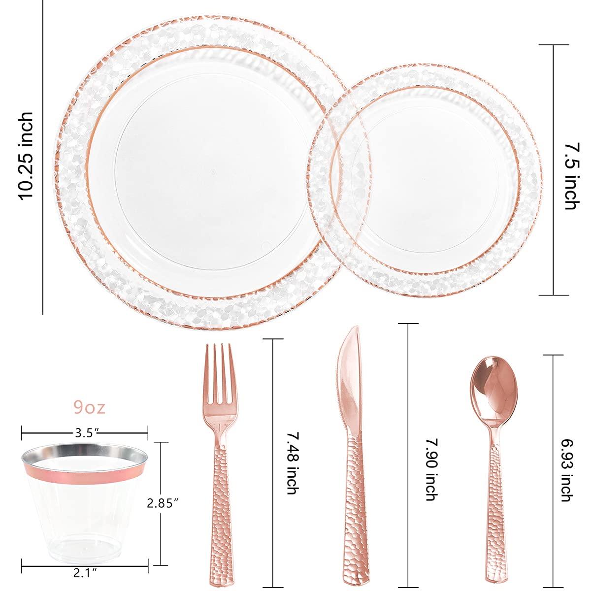 Ciaell 150PCS Rose Gold Plastic Plates – Disposable Plates with Rose Gold Plastic Silverware include 50Plates, 25Forks, 25Knives, 25Spoons, 25Cups for Wedding & Party