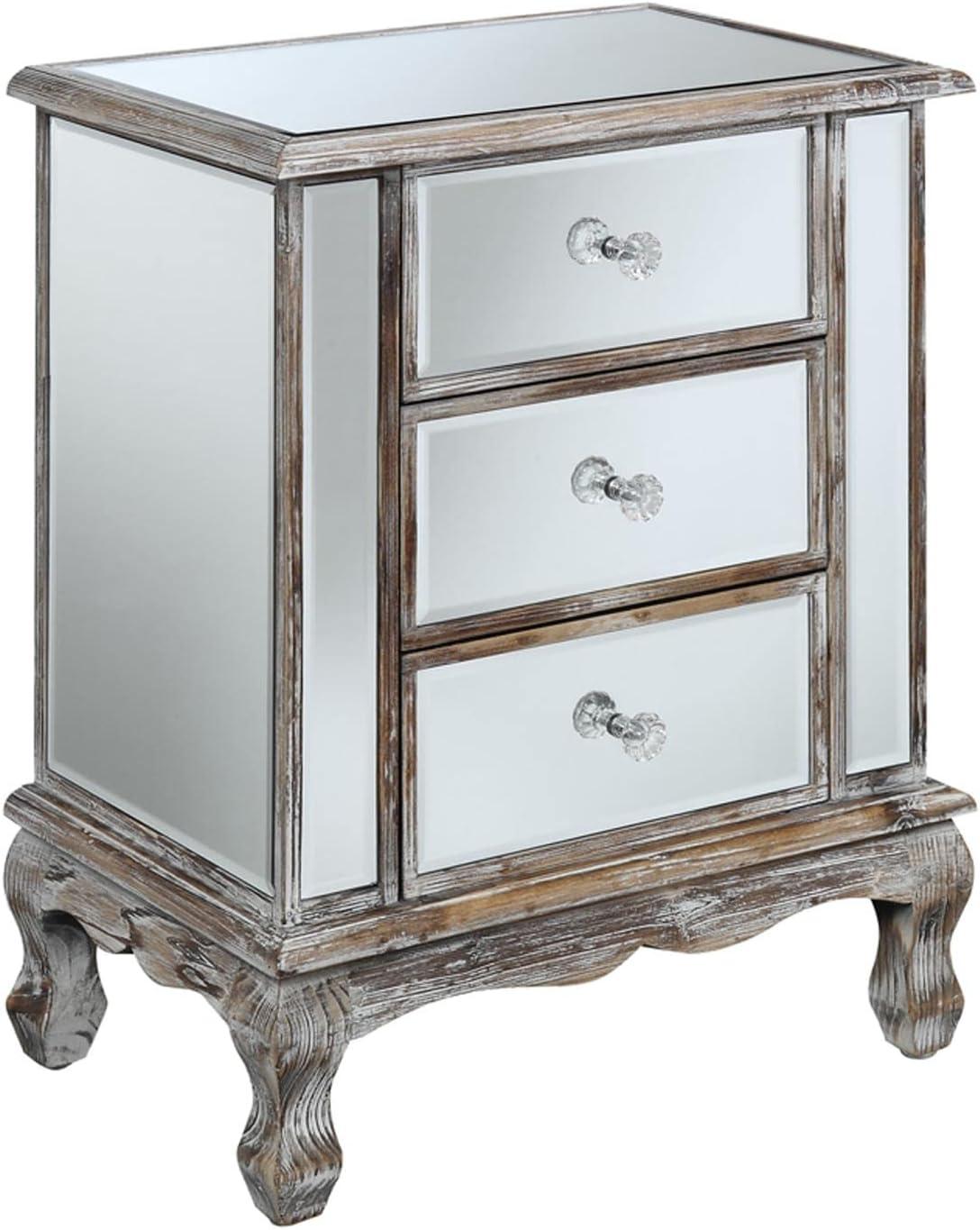 Gold Coast Vineyard Three-Drawer Mirrored End Table in Weathered White Wood