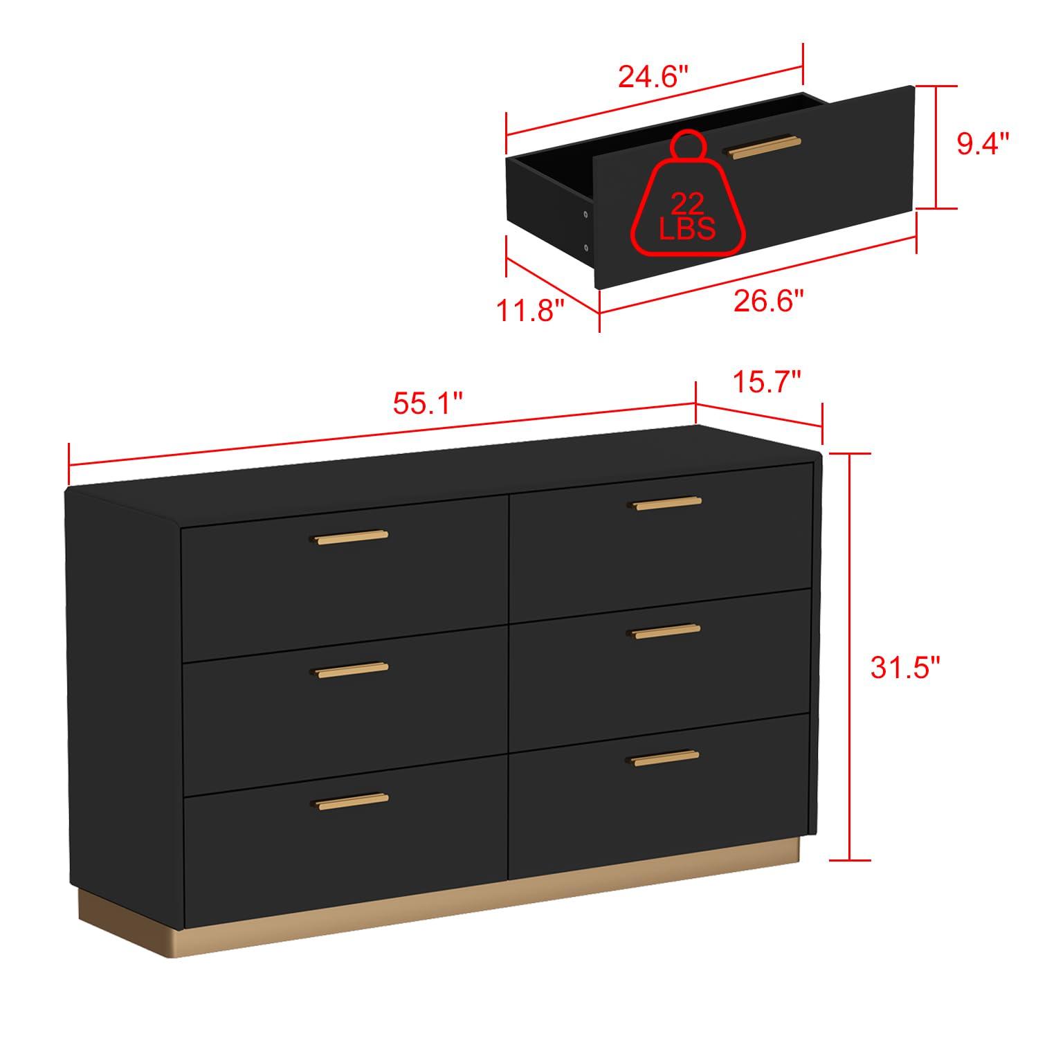 Homsee Black 55.1" L Dresser Storage Chest with 6 Drawers & High Glossy Surface, Wood Double Dresser Chest with Metal Handles for Bedroom, Living Room & Hallway