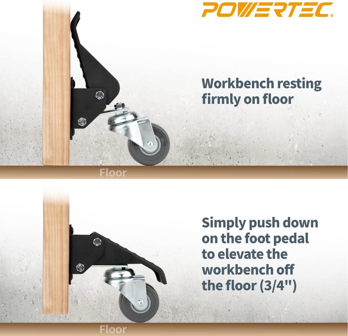 POWERTEC Workbench Caster Kit Set of 4 with 400 lbs Loads, 2-1/2 Inch Retractable Stepdown Caster Wheels for Workbenches, Tables, Stands and Equipments (17000)