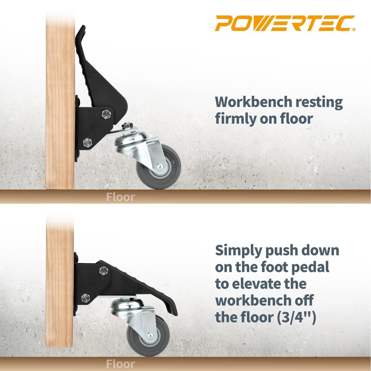 POWERTEC Workbench Caster Kit Set of 4 with 400 lbs Loads, 2-1/2 Inch Retractable Stepdown Caster Wheels for Workbenches, Tables, Stands and Equipments (17000)