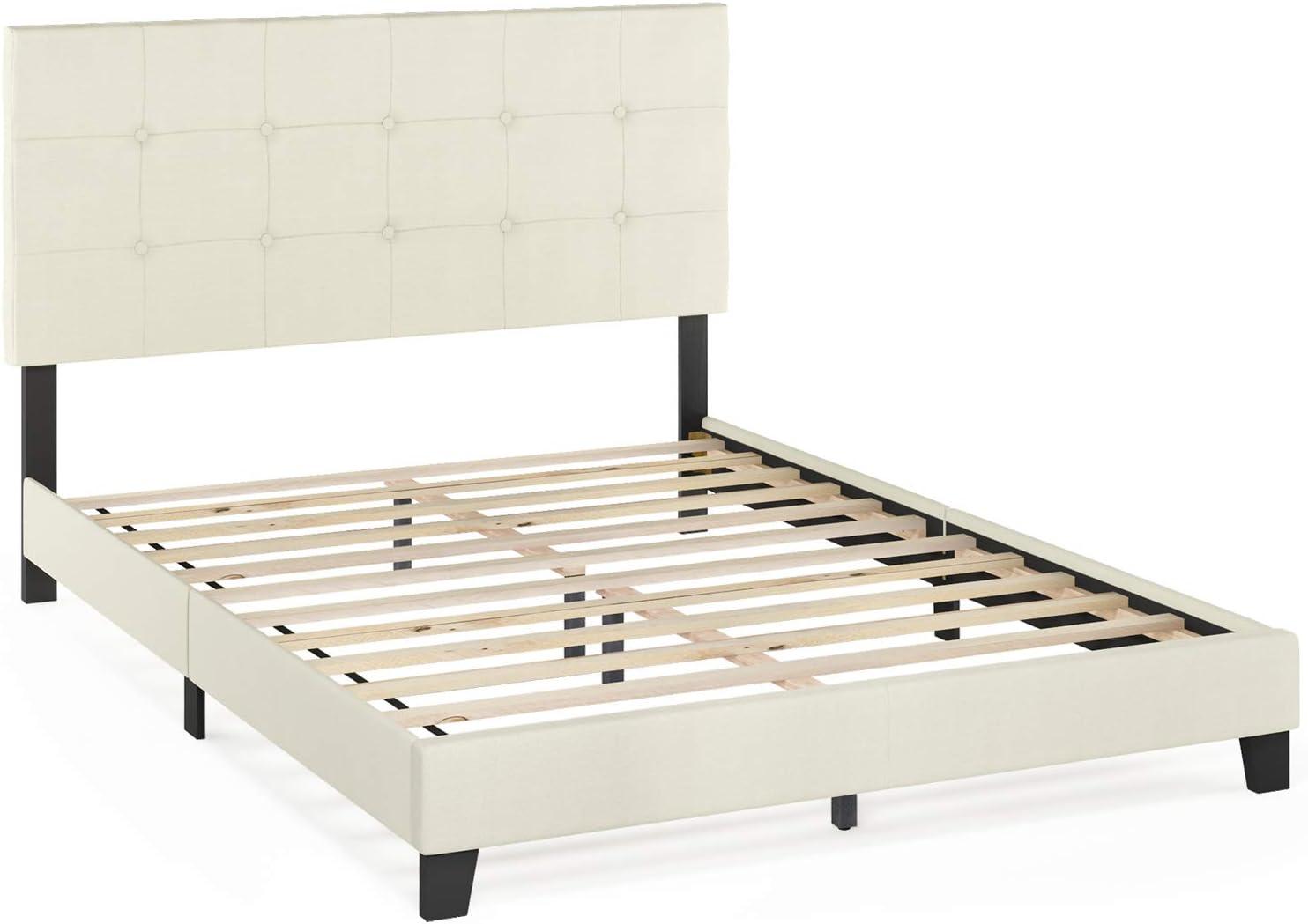 Linen Upholstered Queen Platform Bed with Tufted Headboard