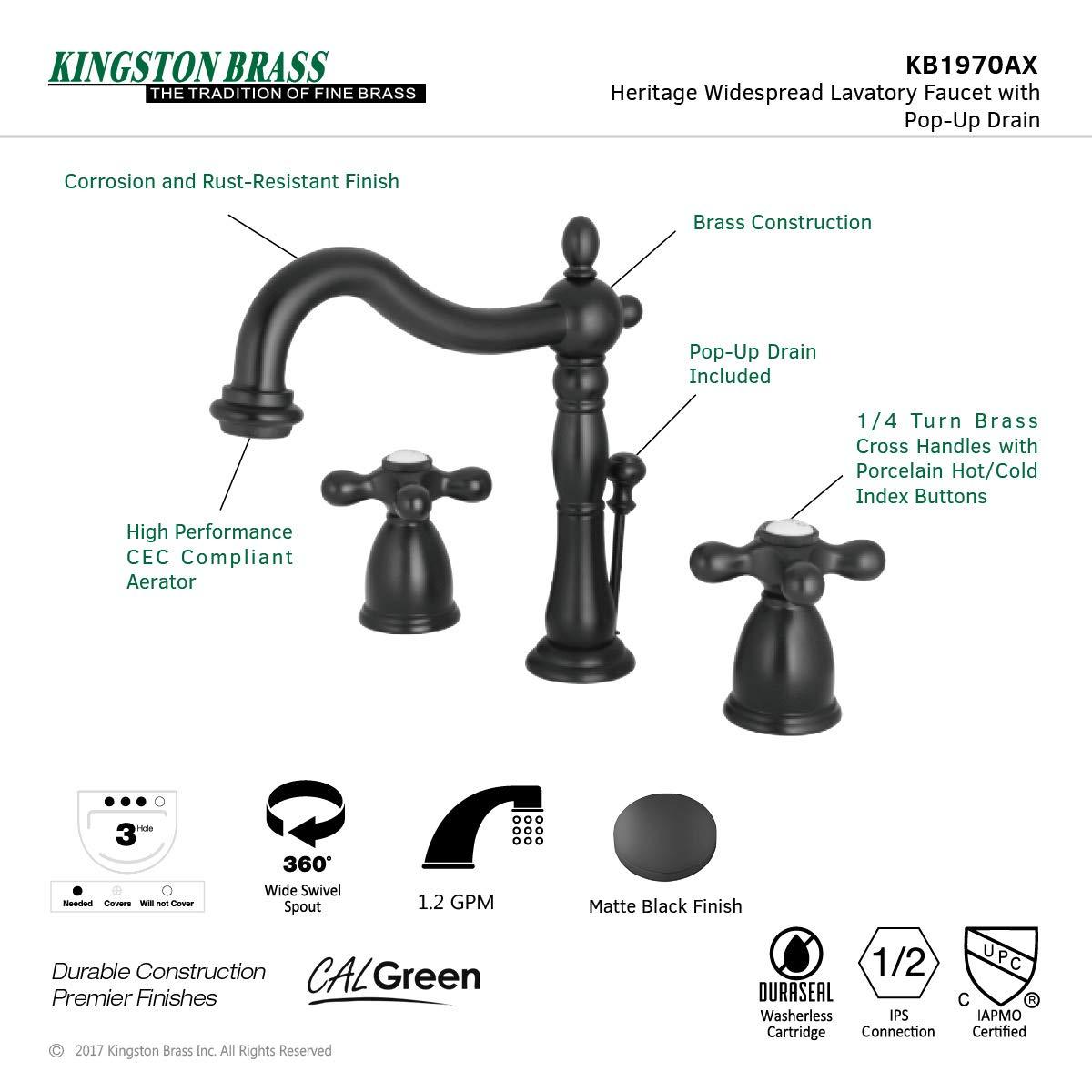 Kingston Brass Heritage Two-Handle 3-Hole Deck Mount Widespread Bathroom Faucet with Pop-Up Drain