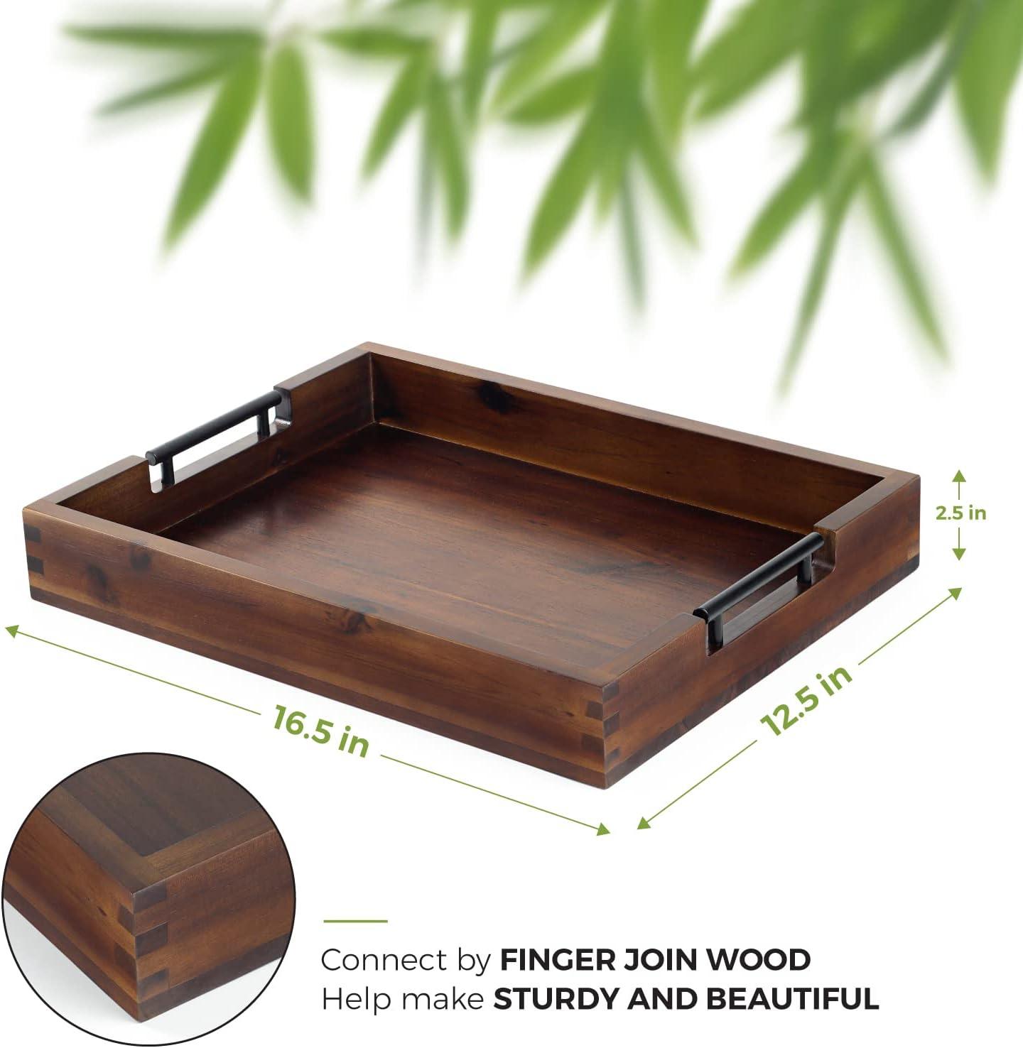 Ottoman Tray, 16.5"x12.5"x2.5" Acacia Wood Serving Tray with Black Metal Handles, Great for Ottoman Tray, Food Tray, Breakfast Tray, Eating Tray