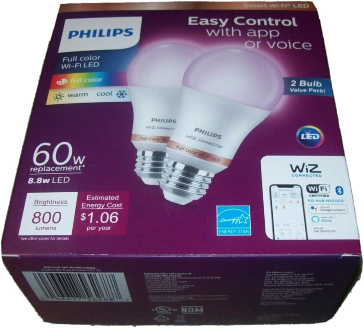 Philips 2pk 8.8W Smart LED Wi-Fi and Bluetooth A19 Color: Energy Star, Dimmable, 800 Lumens, Apple HomeKit Compatible
