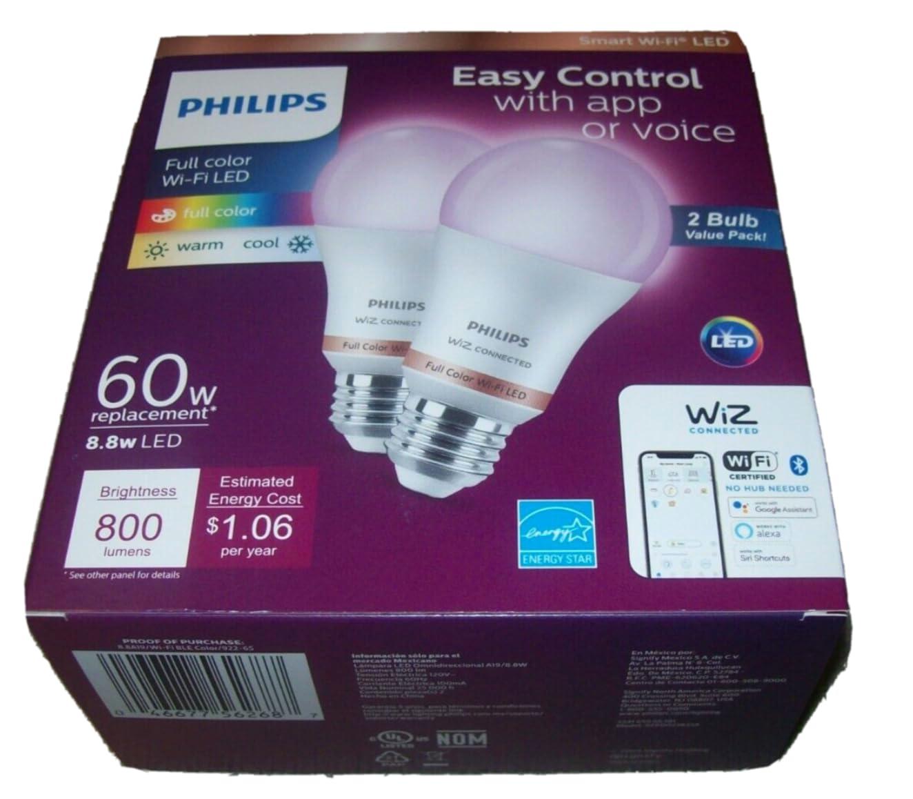 Philips 2pk 8.8W Smart LED Wi-Fi and Bluetooth A19 Color: Energy Star, Dimmable, 800 Lumens, Apple HomeKit Compatible