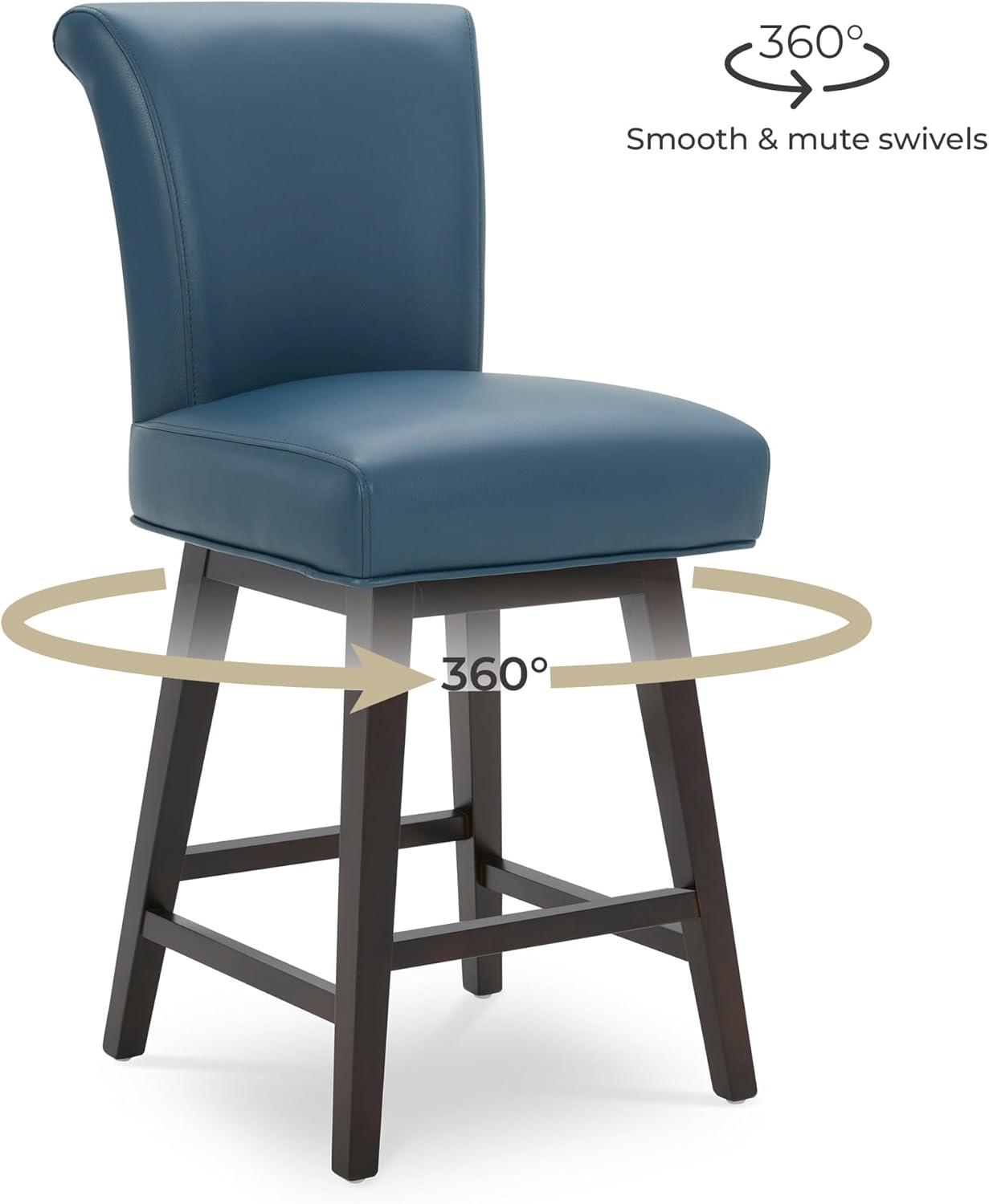 CHITA 26 in Upholstered Swivel Counter Bar Stools with Back&Wood Legs Set of 2, Faux Leather in Dark Blue