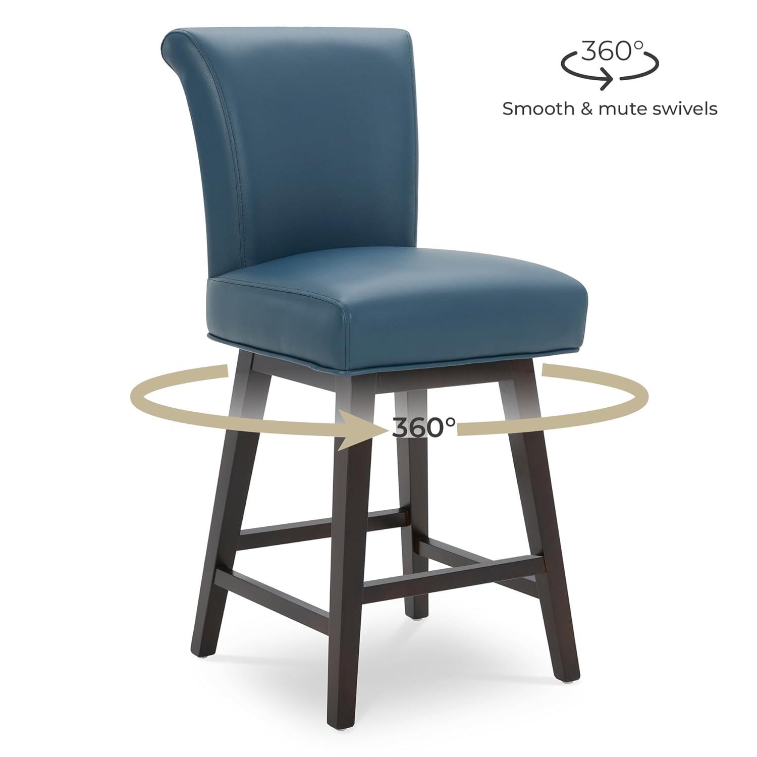 Swivel Bar Stools Set of 2 with Thicker Wood Legs,26" Counter Height Bar Stools,Faux Leather,Blue