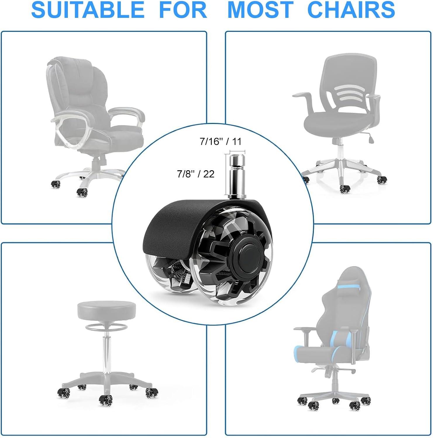 Office Chair Caster Wheels 2" Dual Wheels Set of 5 for Tile and Hardwood Floors, Universal Fit for Most Chairs (Transparent)