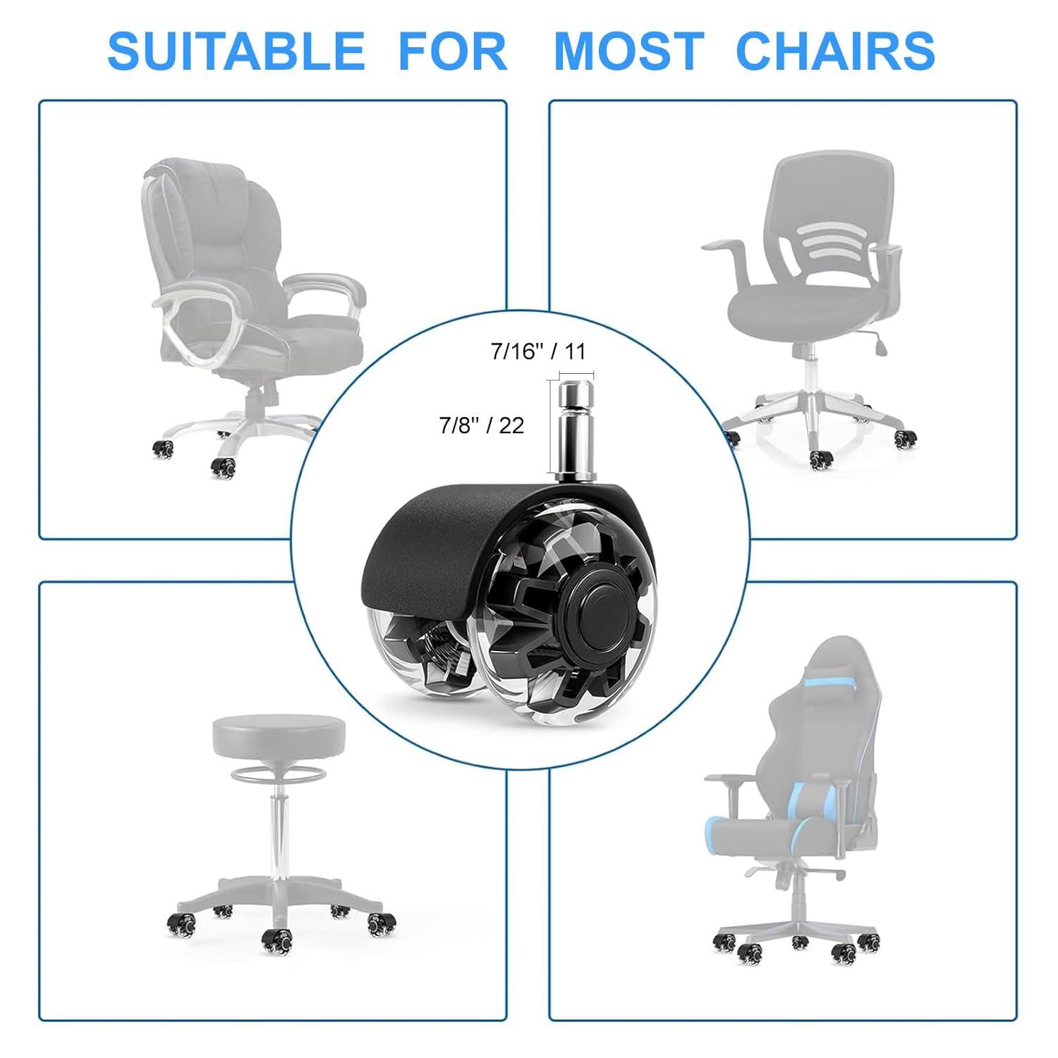 Office Chair Caster Wheels 2" Dual Wheels Set of 5 for Tile and Hardwood Floors, Universal Fit for Most Chairs (Transparent)