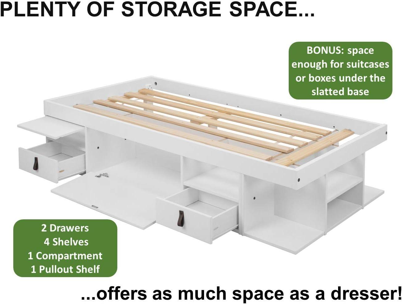 Memomad Bali Storage Platform Sturdy Bed Frame with Drawers and More (White Wood Twin Size)