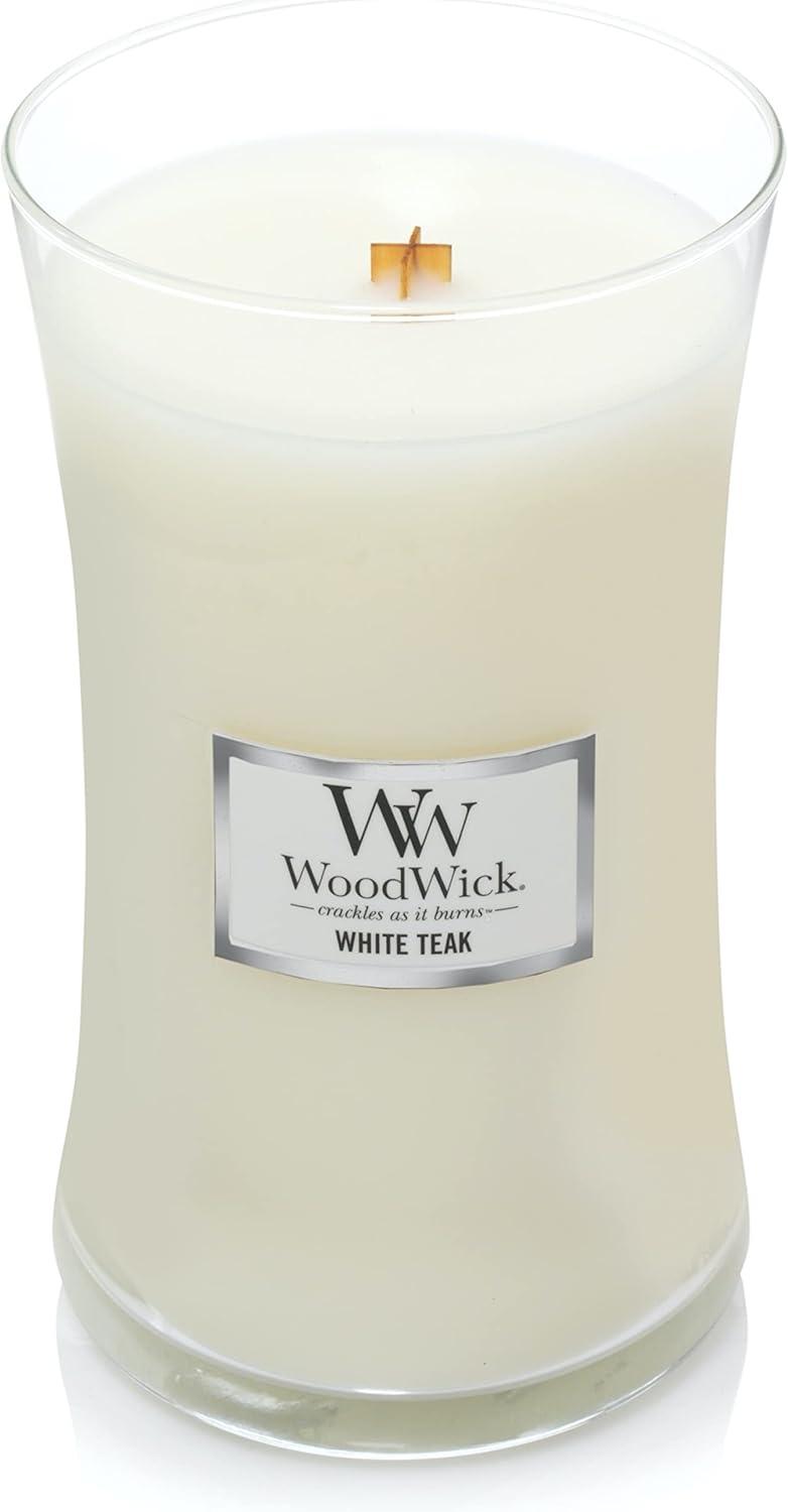 21.5oz Large Hourglass Jar Candle White Teak - WoodWick: Soy & Paraffin Blend, Crackling Wick, 120hr Burn Time