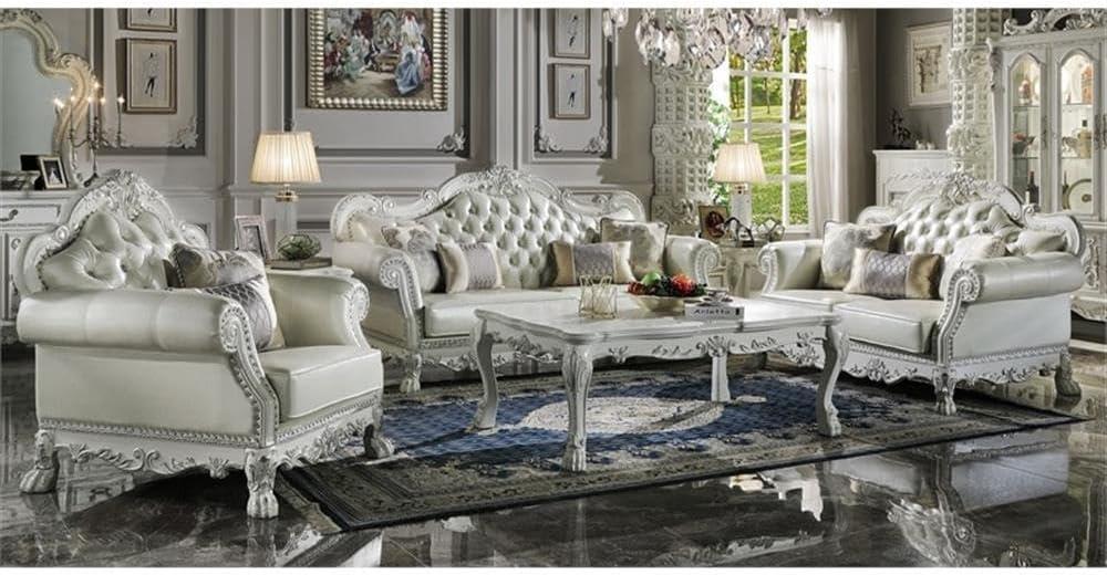 85.5" Dresden Sofa Leather Aire & Bone White Finish - Acme Furniture: Nailhead Trim, Includes 1 Pillow