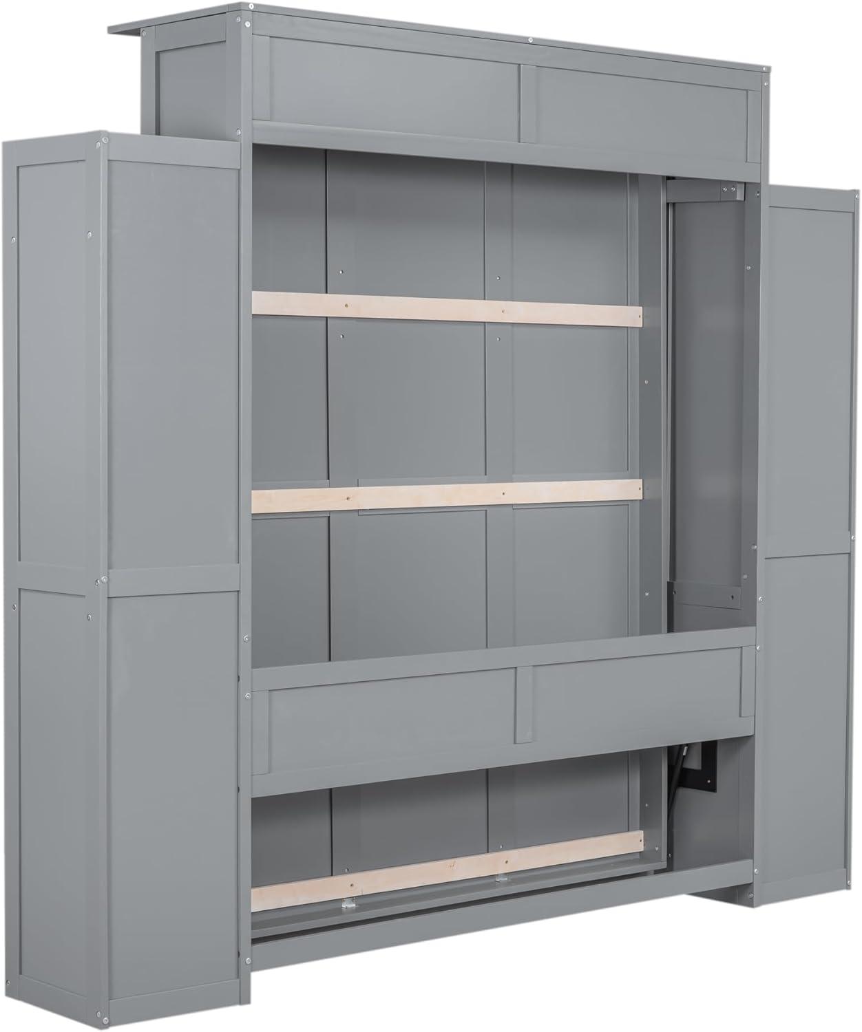 Gray Queen Size Murphy Bed with Shelves and LED Lights