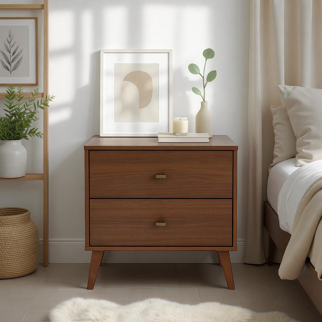 Milo Mid Century Modern 2 Drawer Nightstand Cherry - Prepac: Brushed Brass Knobs, Tapered Legs