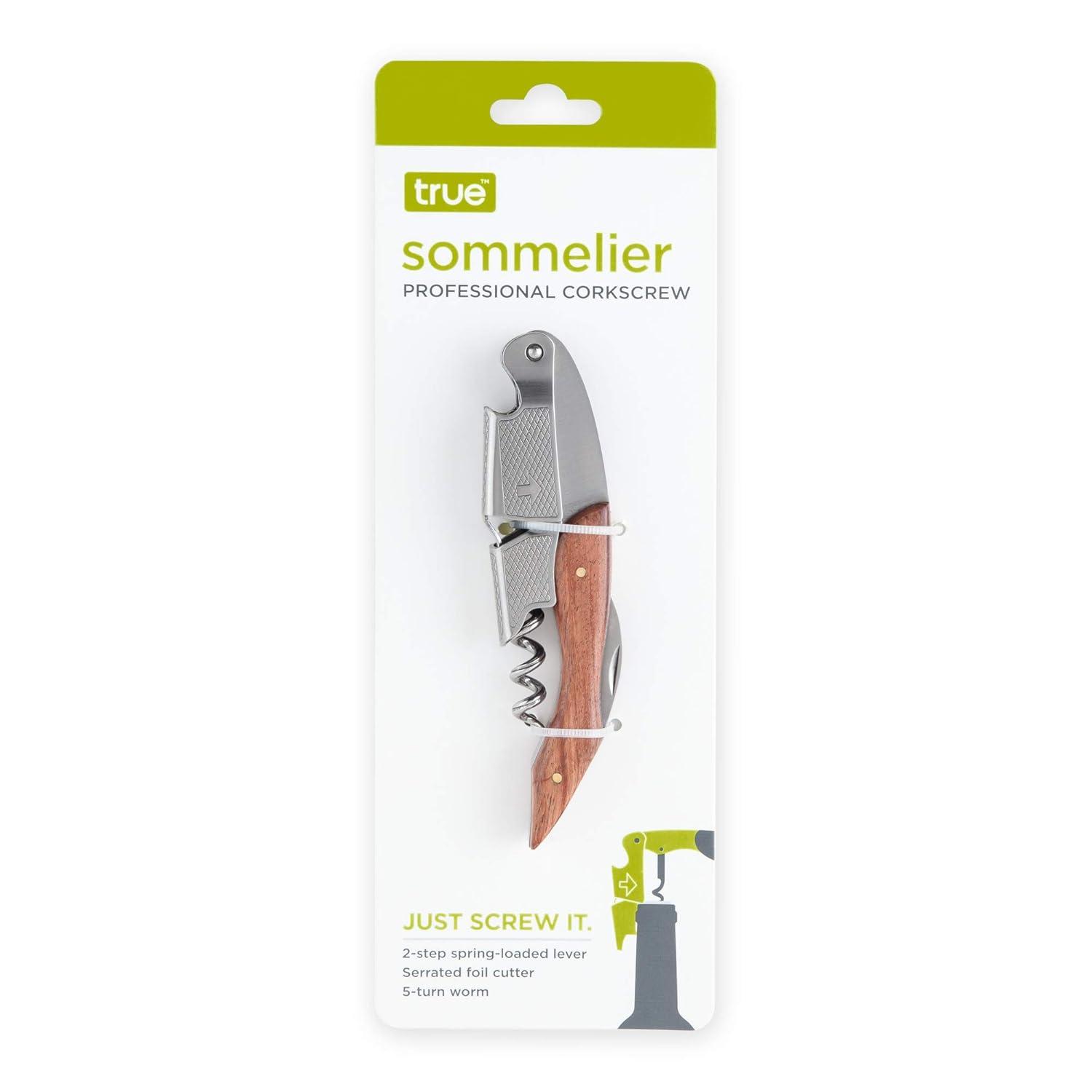 True Sommelier Waiter Corkscrew Spring Loaded Double Lever Wine Opener Waiters Bartender Accessory, Stainless Steel and Wood, Set of 1