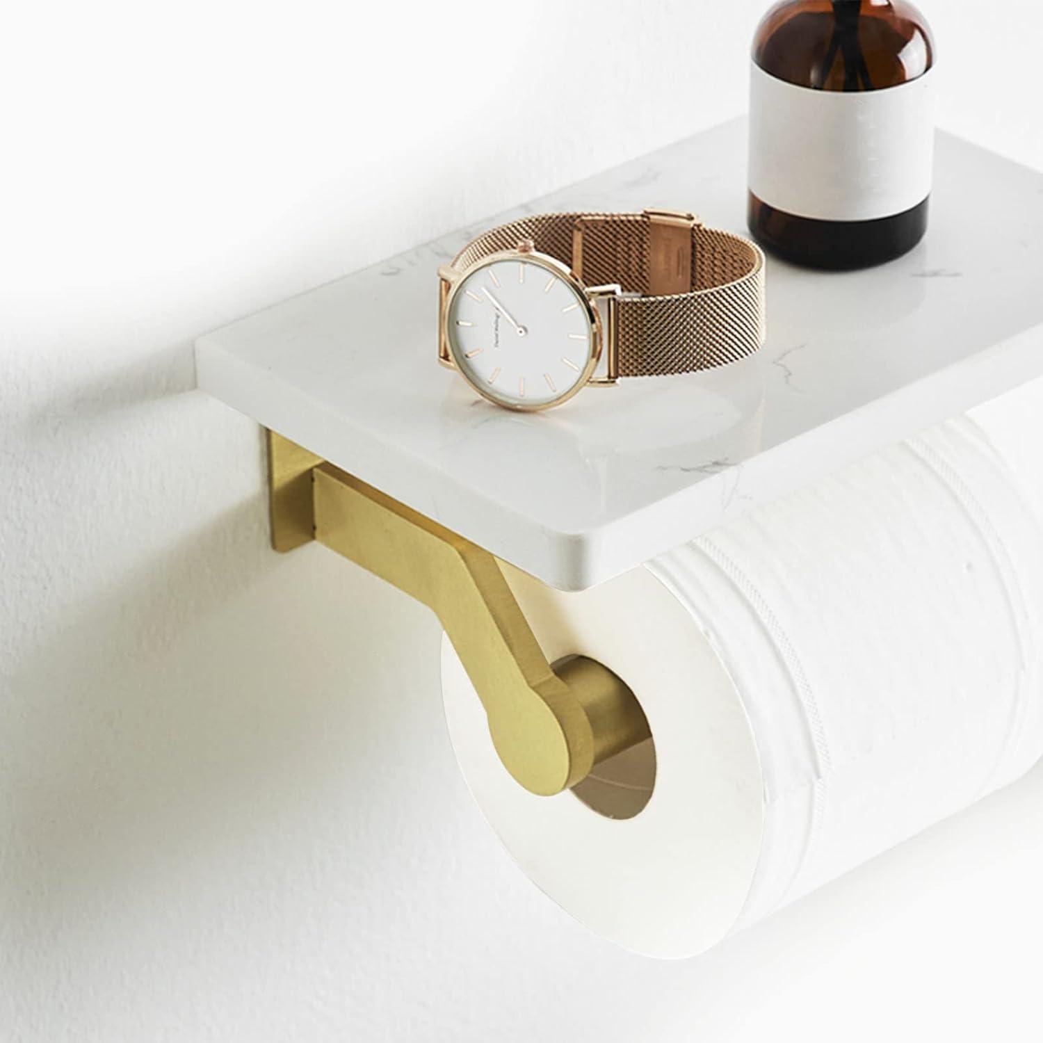 Hoimpro Brushed Gold Stainless Steel Toilet Paper Holder with White Natural Marble Shelf, Wall Mounted Tissue Hand Paper Roll Storage Holder for Bathroom Kitchen Washroom Bedroom C38