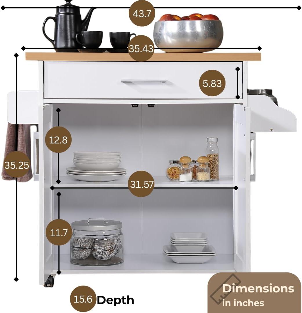 Hodedah Import Portable Kitchen Prep Storage Cart Island with Locking Wheels, Shelved Cabinet, Drawer, Spice Rack, and Towel Holder, Multicolor