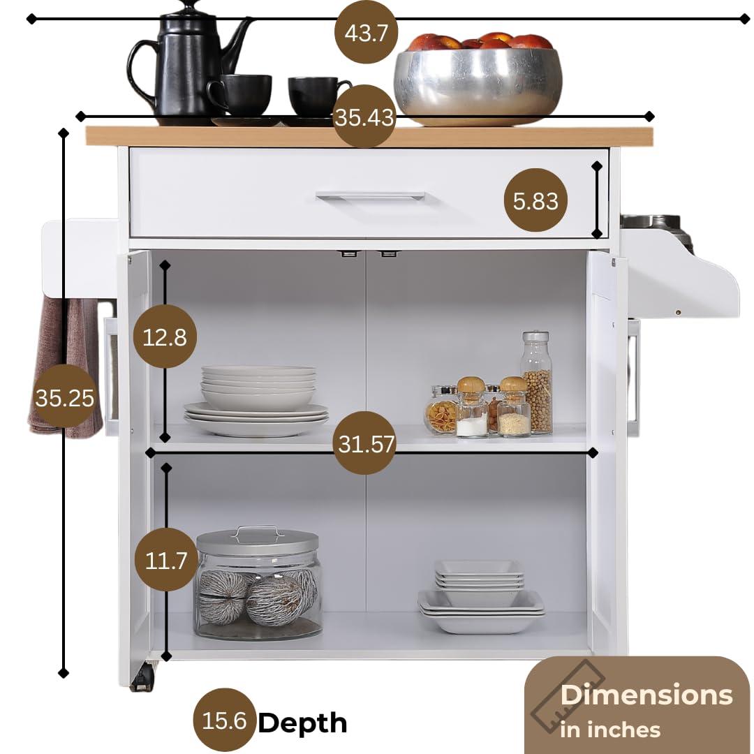 Hodedah Import Portable Kitchen Prep Storage Cart Island with Locking Wheels, Shelved Cabinet, Drawer, Spice Rack, and Towel Holder, Multicolor