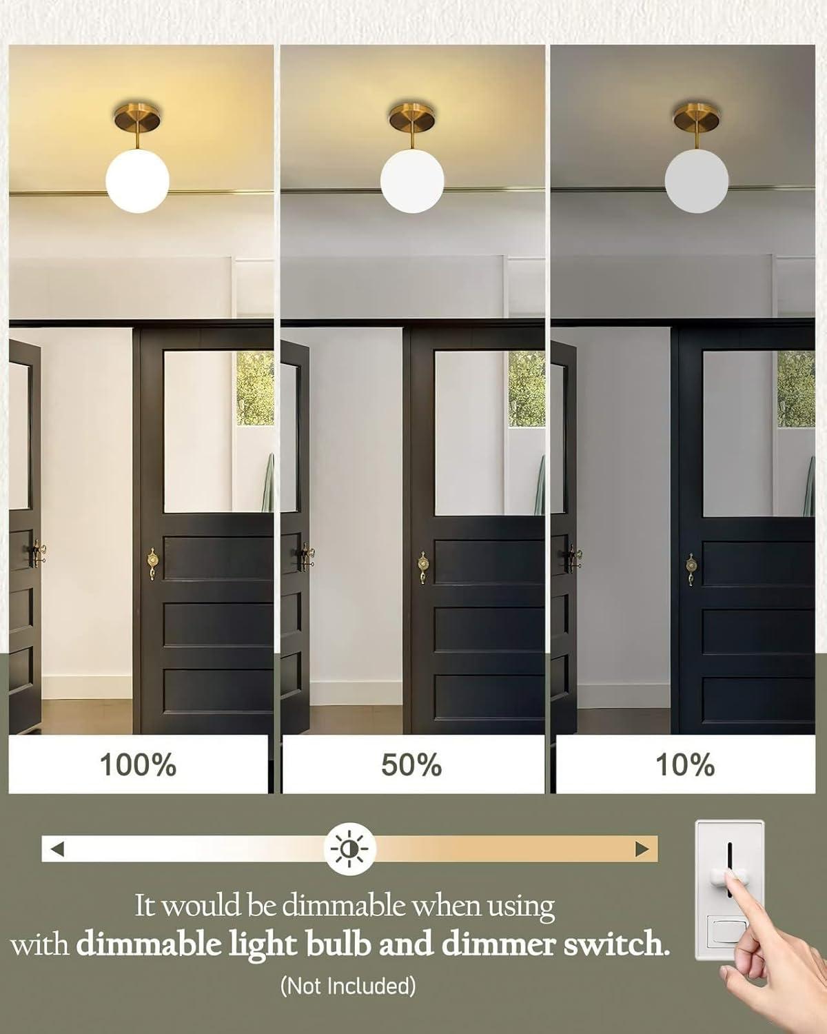 Mid Century Modern Globe Semi Flush Mount Ceiling Light Fixture Frosted Glass with Gold Brass Finish,1-Light Sphere Glass Pendant Lights for Aisle Porch Stairway Closet Kitchen Laundry Room(Bulb Incl)