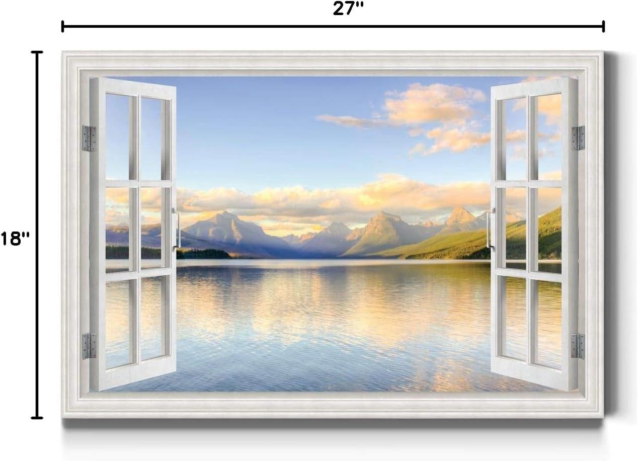 Mountain Lake Landscape Canvas Wall Art in White Frame