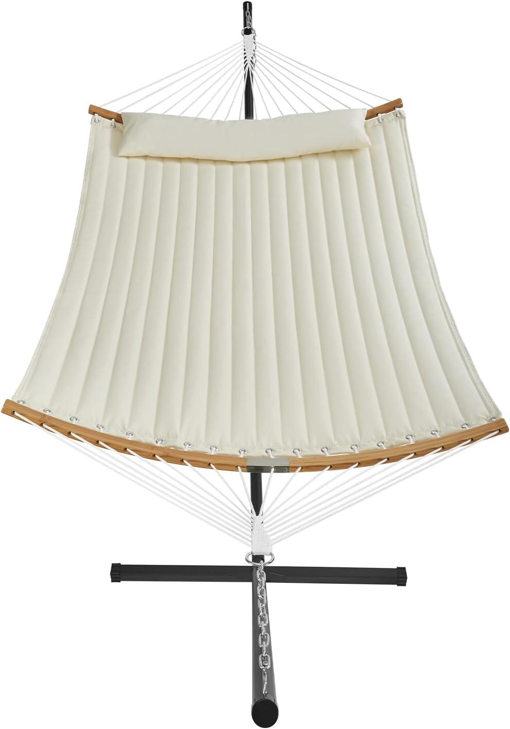 Cream Double Quilted Fabric Hammock with Bamboo Spreader Bars and Stand