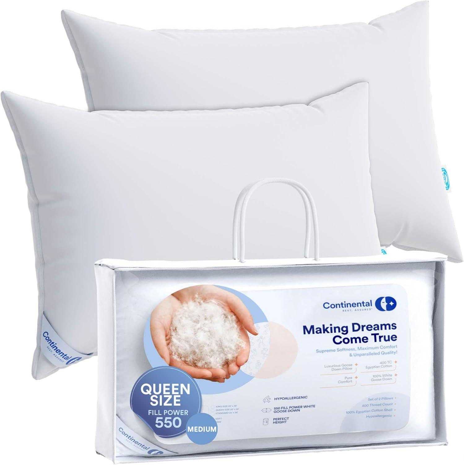ContinentalBedding Continental Bedding 2-Pack Soft Down Pillows, 550FP, 75% Down 25% Feather, 400TC Cotton Cover