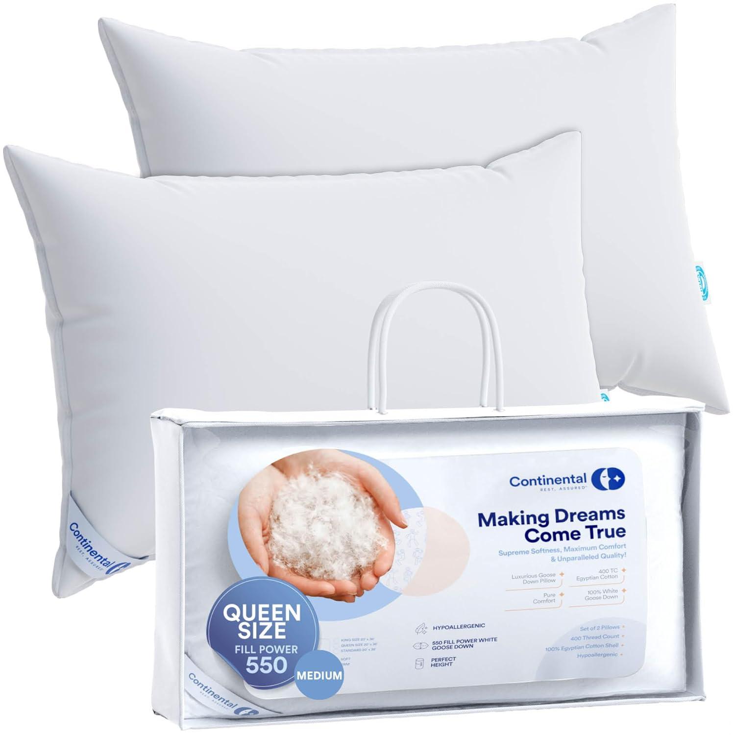 ContinentalBedding Continental Bedding 2-Pack Soft Down Pillows, 550FP, 75% Down 25% Feather, 400TC Cotton Cover