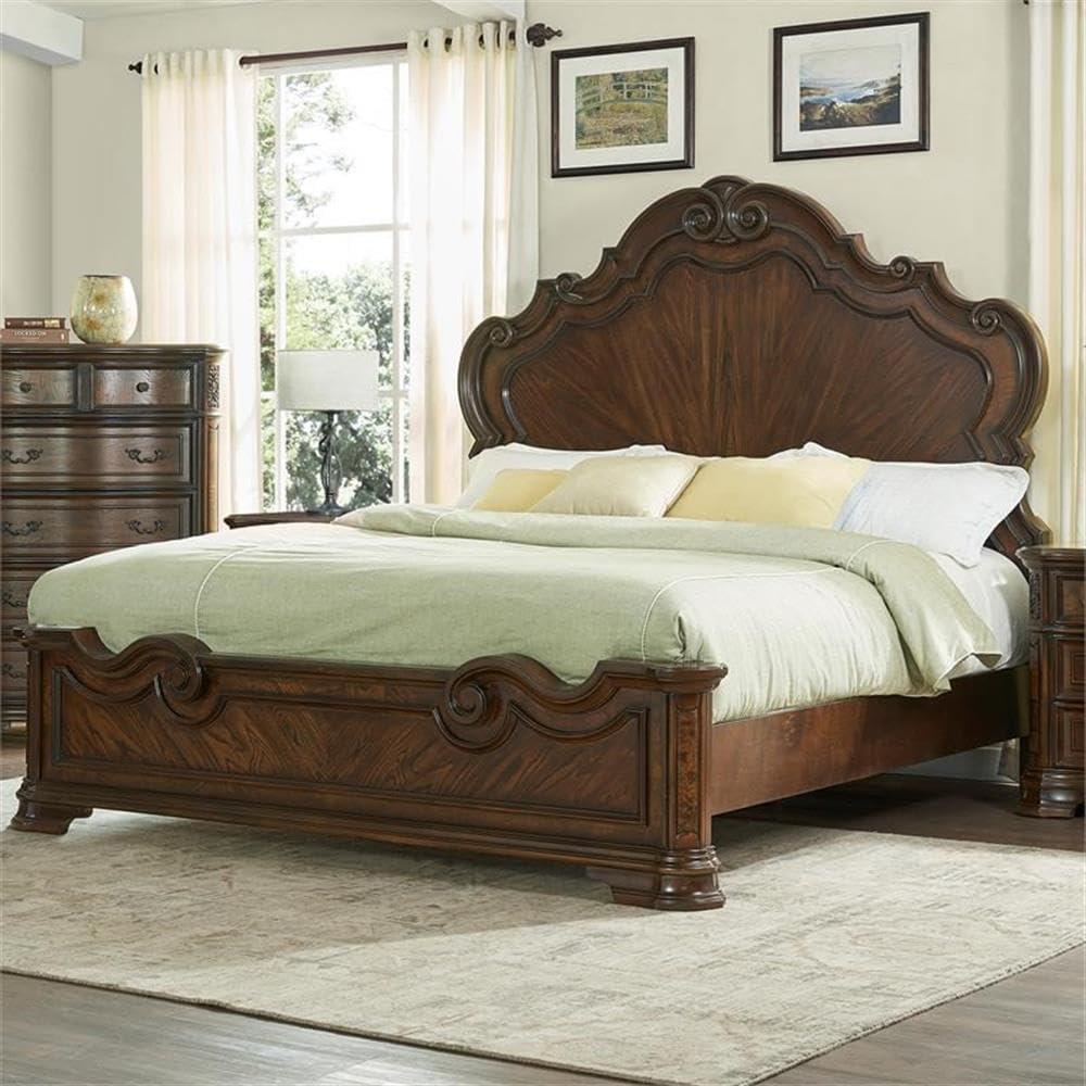 Royale Brown Cherry Queen Panel Bed with Intricate Carvings